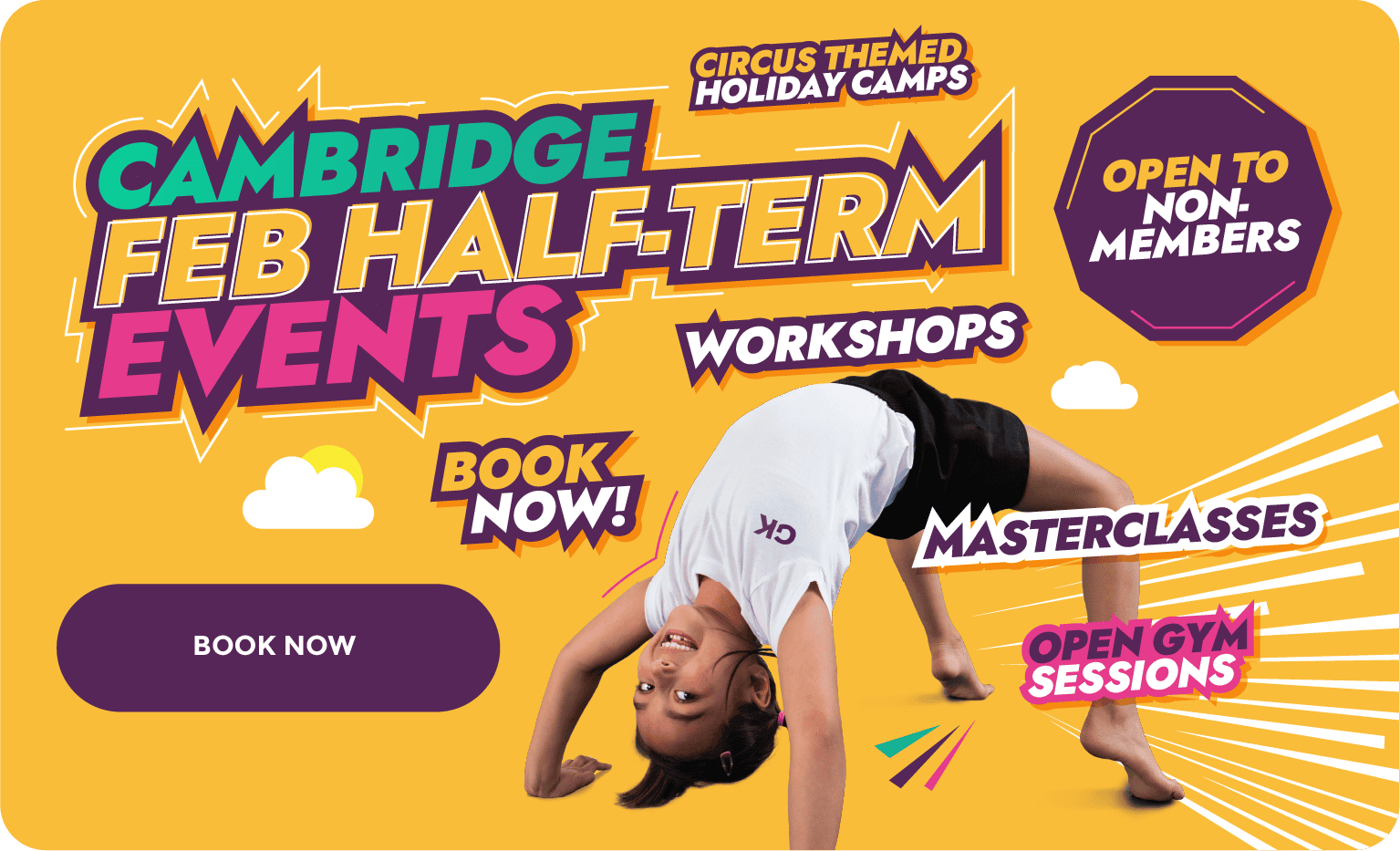 Energetic child performing a bridge yoga pose on a vibrant promotional background for Cambridge February Half-Term Events, workshops, and masterclasses.