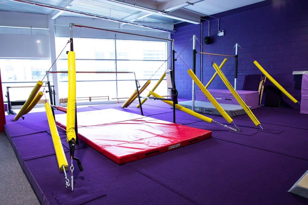 Suspension training equipment setup featuring adjustable yellow padded bars and purple mats in a modern fitness gym with large windows and purple wall background.