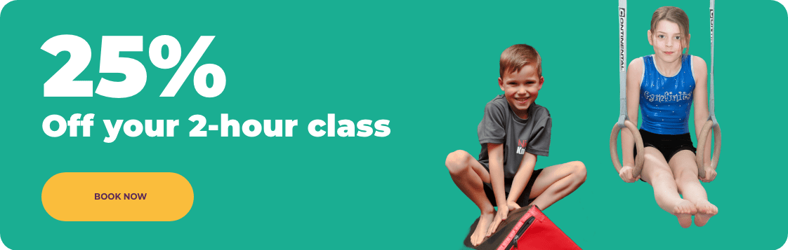 25% off children's gymnastics and fitness classes with a two-hour promotion, featuring young kids engaging in activities like swinging on gym rings and using gymnastic blocks, encouraging active play.