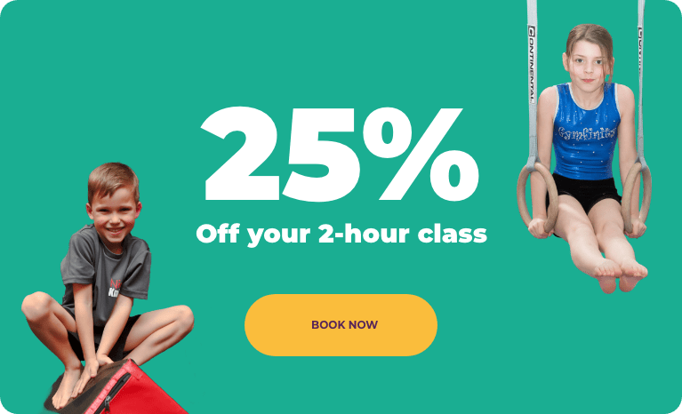 25% off children’s gymnastics 2-hour class promotional offer with a booking button.