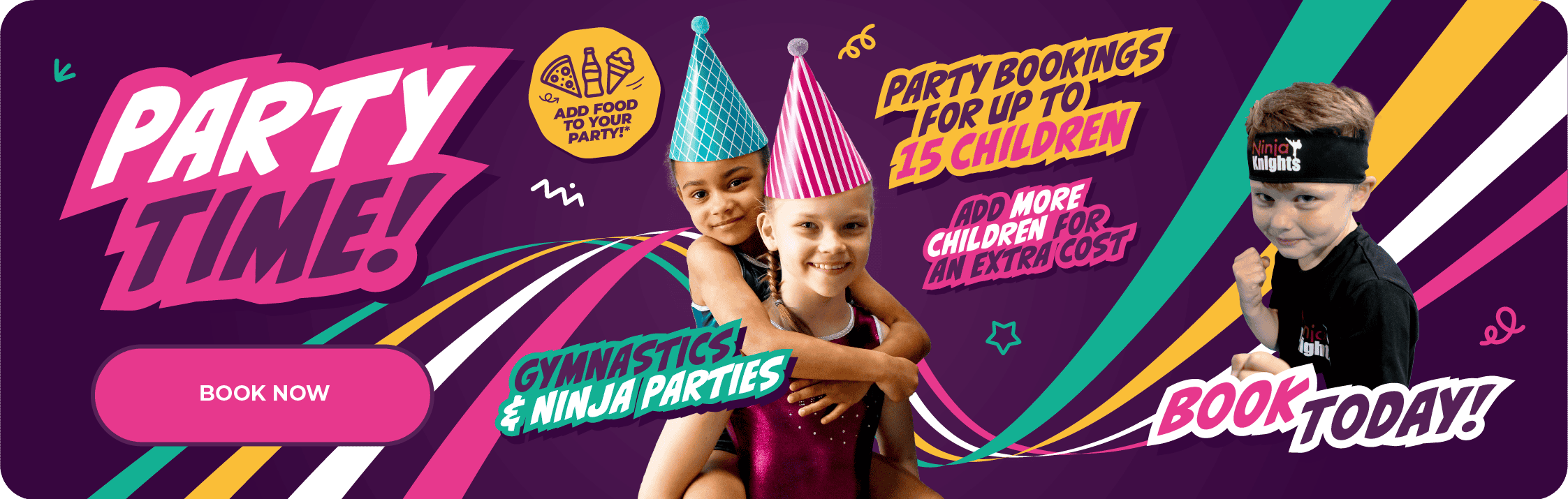 Kids celebrating a colourful birthday party with fun costumes, party hats, and a vibrant backdrop, perfect for children's gymnastics and ninja-themed celebrations.