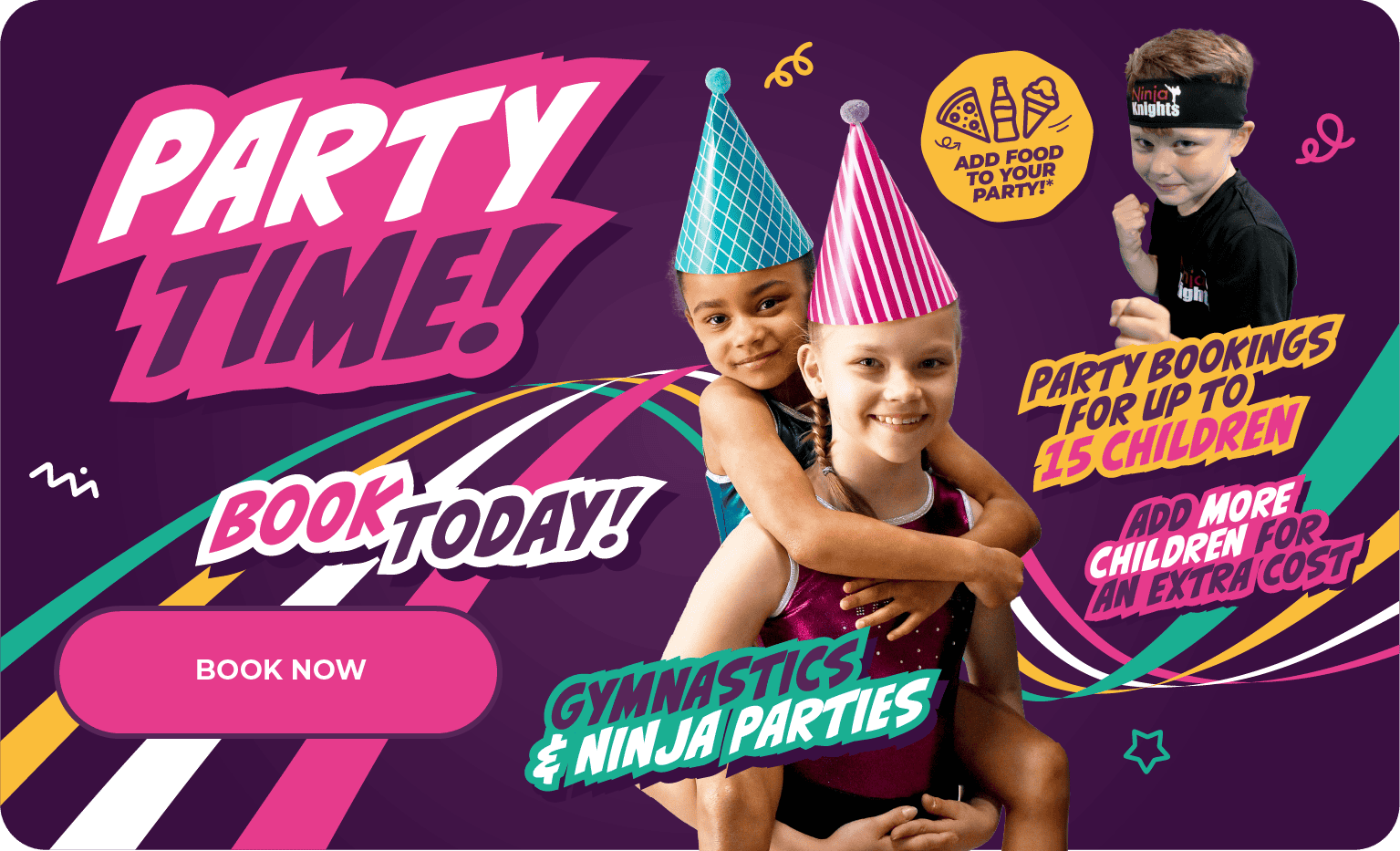 Kids celebrating at colourful ninja-themed party with party hats and costumes, promoting gymnastics and ninja parties for children's entertainment.