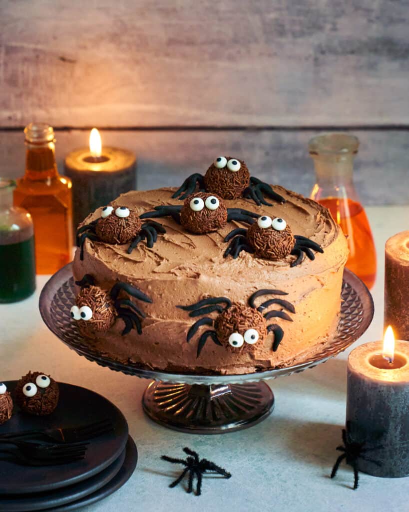 Spooky Halloween-themed chocolate cake decorated with spider and spider egg cake pops, surrounded by flickering candles and colourful potion bottles for a festive and creepy celebration.