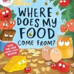 Tomato, strawberry, honey, and bread illustrate various food ingredients featured in the children's book "Where Does My Food Come From?" showing colorful, friendly, cartoon-style food characters.