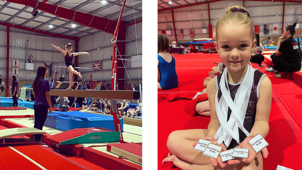 Gymnastics training session with young girl performing on balance beam in indoor gym, surrounded by coaches and banners, British flags visible in background.