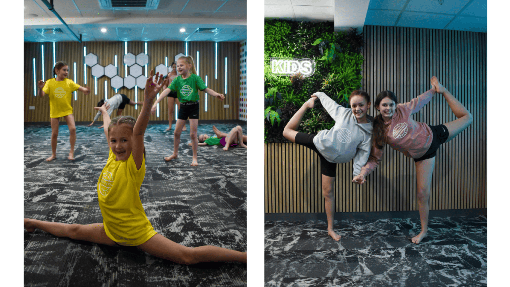 Energetic children in colourful sportswear participating in a dance or exercise class at the gym.