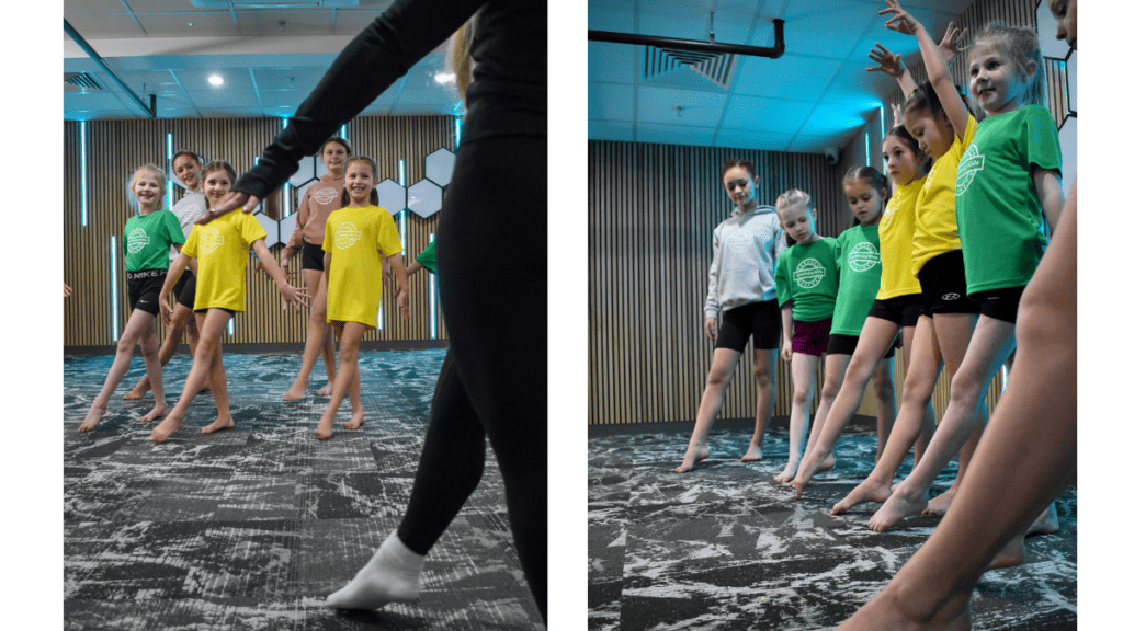 Energetic children in colourful sportswear participating in a dance or exercise class at the gym.