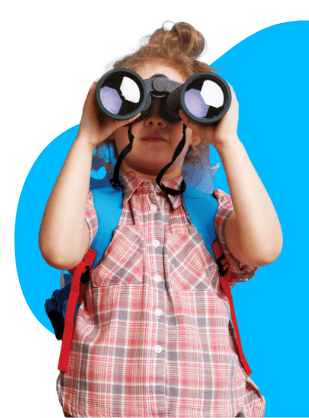 Child girl looking through binoculars with a backpack, outdoors, discovery, adventure, exploration, learning, childhood curiosity, nature exploration, outdoor activities, summer camp.