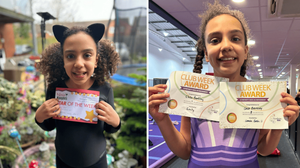 Star of the week award for a young girl with curly hair, celebrating achievements outdoors and indoors, holding colourful certificates.