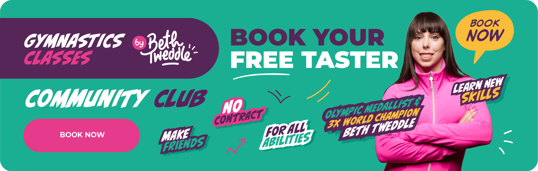 Gymnastics classes for kids by Beth Tweddle, encouraging learning new skills, making friends, and building confidence without contracts. Book a free taster session today.