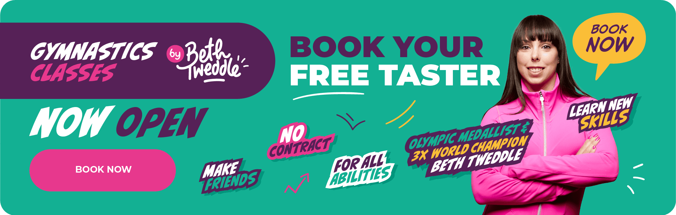 Gymnastics classes advertisement featuring Beth Tweddle promoting free taster sessions, highlighting no contract policy, skill development, and social benefits for young enthusiasts.