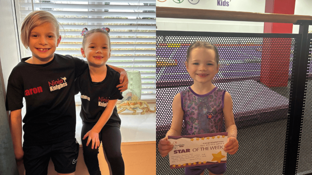 Athletic children celebrating achievements at a sports centre, kids with medals and awards, young sports enthusiasts, indoor gym environment, children's sport and achievements, 2 children wearing Ninja Knights t-shirts, girl holding Star of the Week certificate.