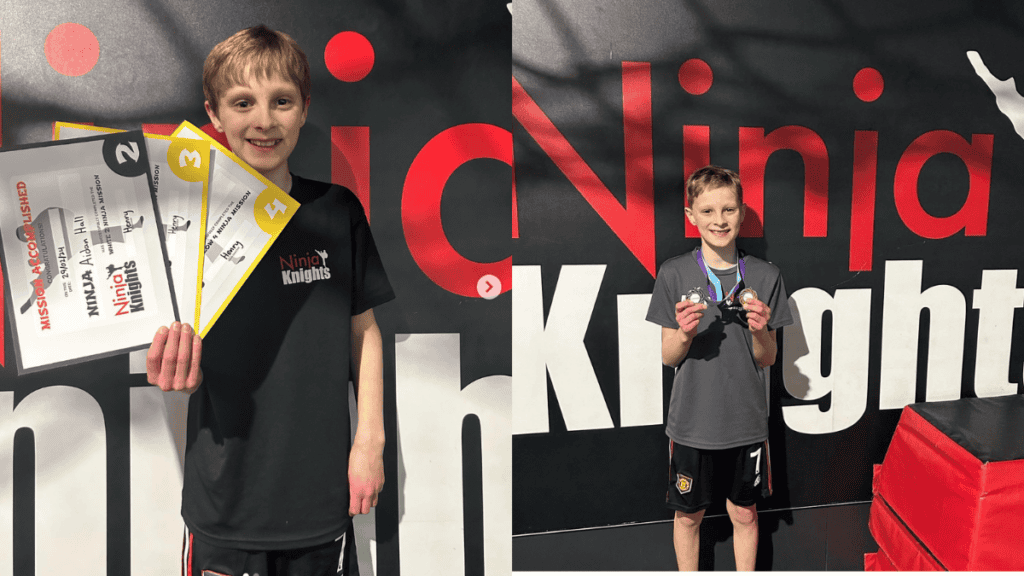 Certificates and medals won by a young boy at the Ninja Knights event, showcasing his achievement and participation in the competition.