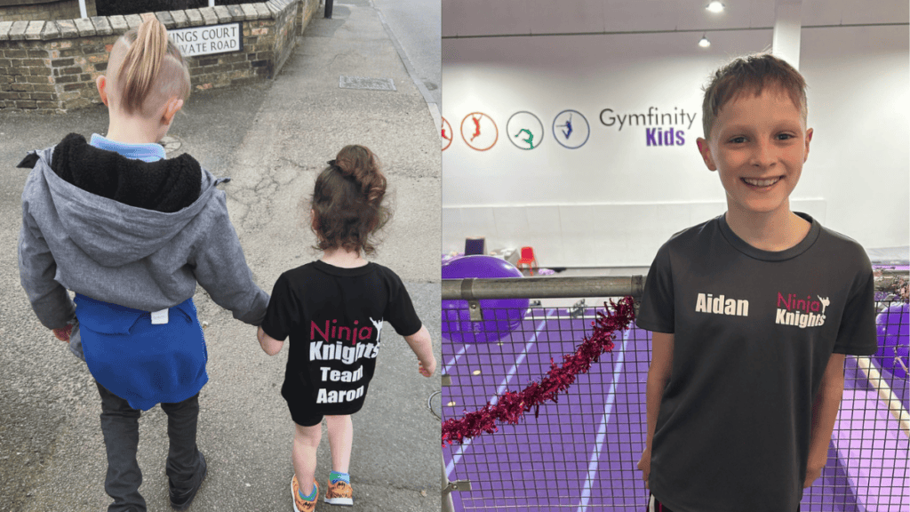 Ninja knights team aaron and aiden walking outside, children wearing ninja knights t-shirts for team activities.