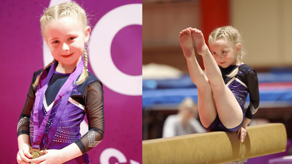 Medal-winning young female gymnast in purple competitive leotard, holding medals; performing a balance skill on the beam; young gymnast executing a split position, demonstrating flexibility and strength during training or competition.
