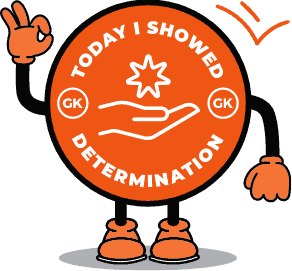 Determination badge with a hand holding an object and the words "Today I showed determination" in bold orange circle.