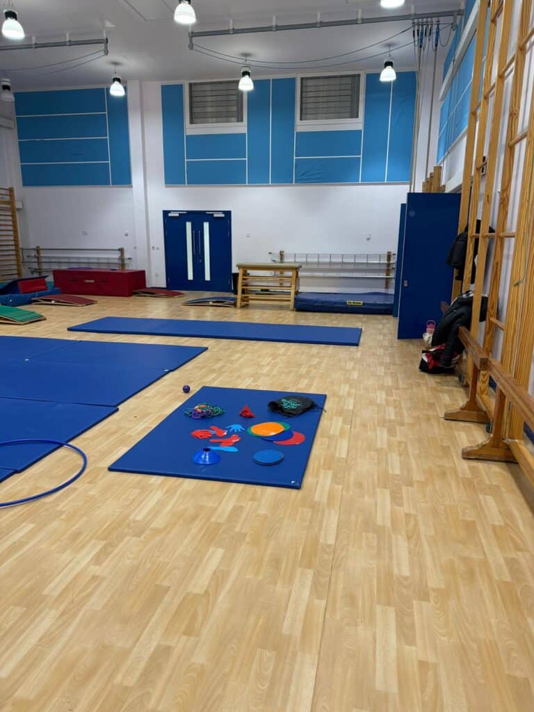 Colourful gym mats and sports equipment on wooden floor in a spacious indoor sports hall with blue walls and wooden climbing frames.