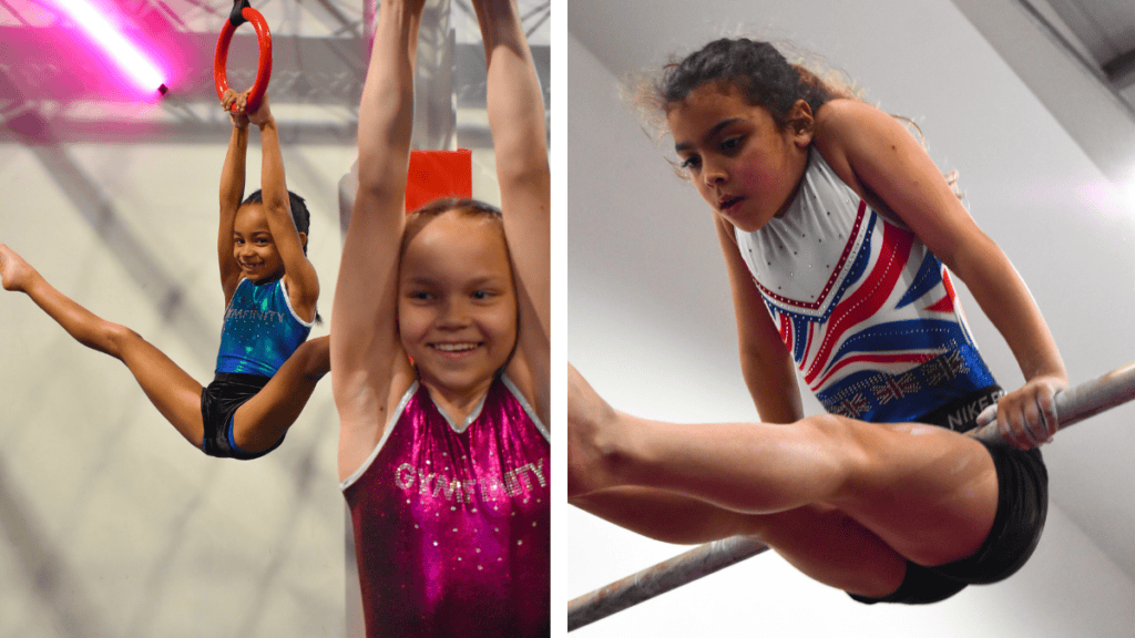 Girls gymnastics training and performing on bars, young female athletes in patriotic-themed leotards in gymnastic training session, young gymnasts demonstrating strength and flexibility in a gymnastics gym, kids engaging in gymnastics activities and routines, relevance.