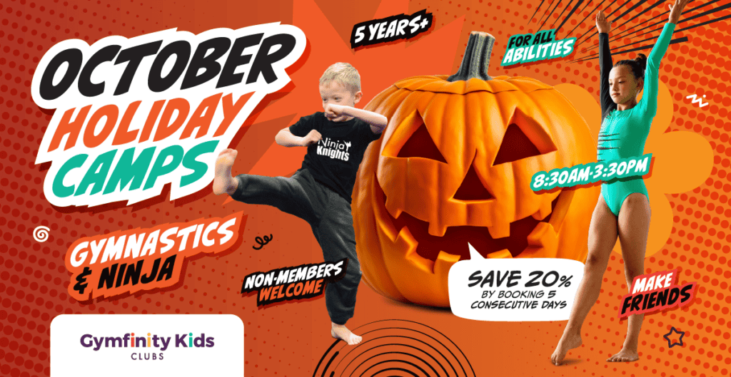 October holiday kids camps with gymnastics and ninja activities at Gymfinity Kids Clubs, featuring fun Halloween-themed decorations and special offers for children aged 5+ to make friends and stay active.