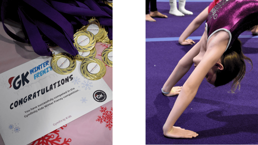 Medals and certificate from Gymfinity Kids Winter Frenzy gymnastics competition, girl doing a downward dog yoga pose on purple gym mat, children's gymnastics event and awards, kids fitness activity celebration.