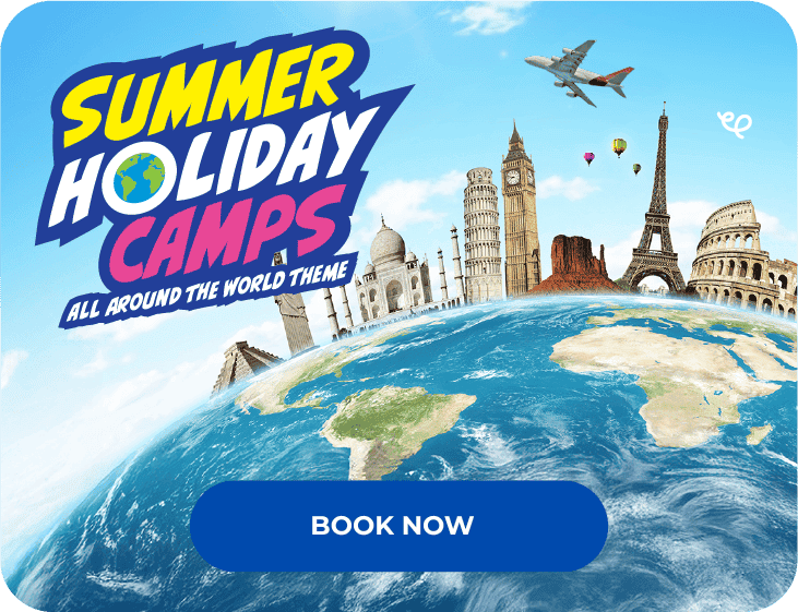 World map with famous landmarks like Big Ben, Eiffel Tower, Colosseum, and Machu Picchu, over a globe with travel elements such as airplane, hot air balloons, capturing the theme of international summer holiday camps.