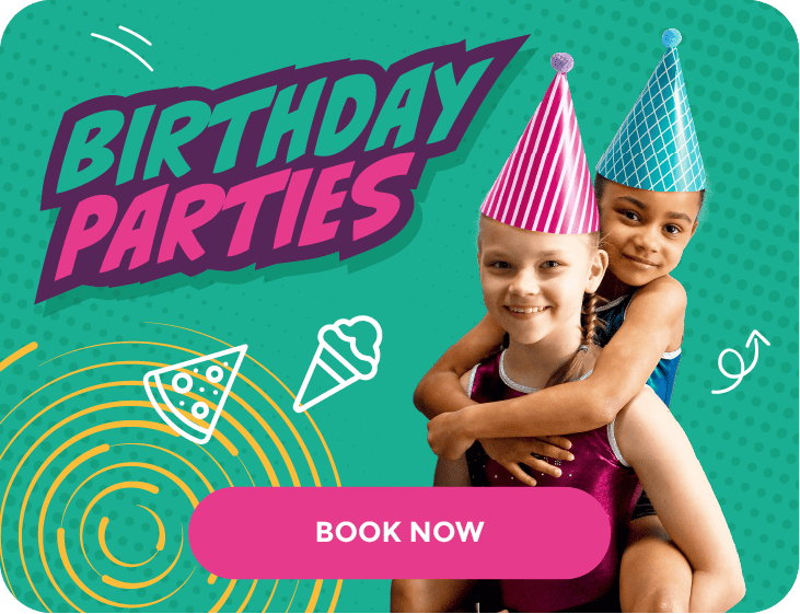 Brightly coloured image promoting birthday parties with two children wearing party hats; smiling and hugging, waving on a vibrant background with confetti and celebration icons.