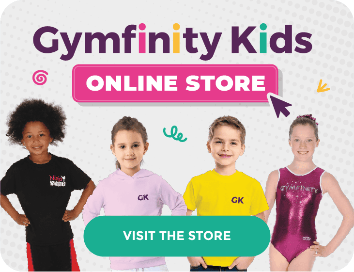 Gymfinity Kids online store promotional image featuring four children in colourful athletic wear, encouraging visits to the online shop for kids' sports and gymnastics apparel and accessories.