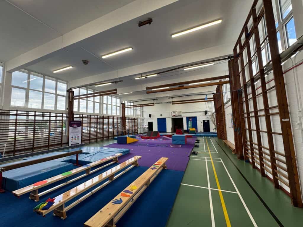 Bright indoor gymnasium with various exercise equipment for children and sports activities, featuring large windows, wooden climbing frames, and colourful soft mats for safe play and exercise.