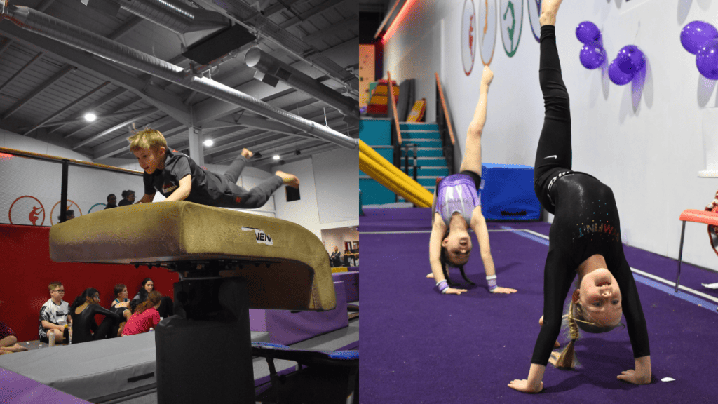 Boy performing gymnastics on a vaulting horse at an indoor gymnastic facility.
