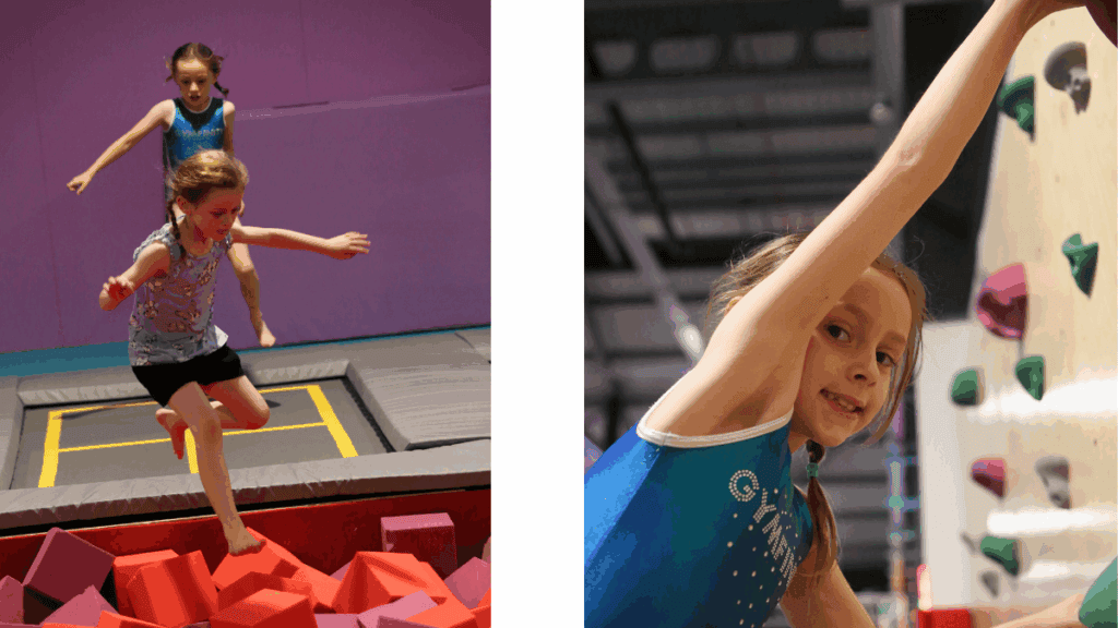 Trampoline park with children jumping on foam pit, indoor recreational activity for kids.