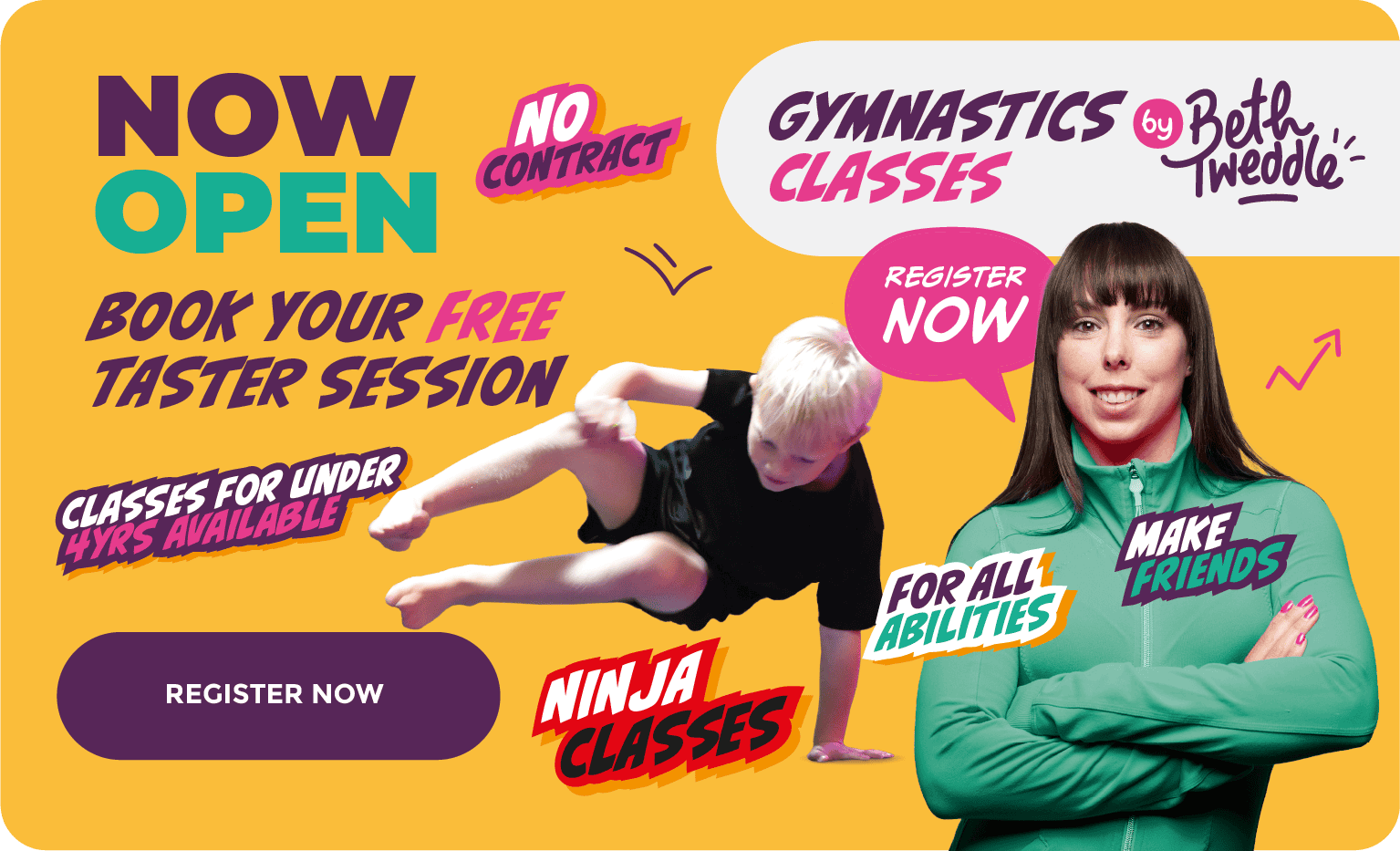 Dynamic gymnastic class advertisement featuring a young girl performing a handstand and a smiling woman in a green hoodie promoting free taster sessions and ninja classes for all abilities.