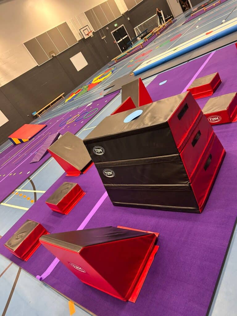Climbing frame and gymnastic equipment set up in a sports hall with purple mats on the floor. The equipment includes soft blocks, slides, and obstacle courses for children’s physical activities and training sessions.