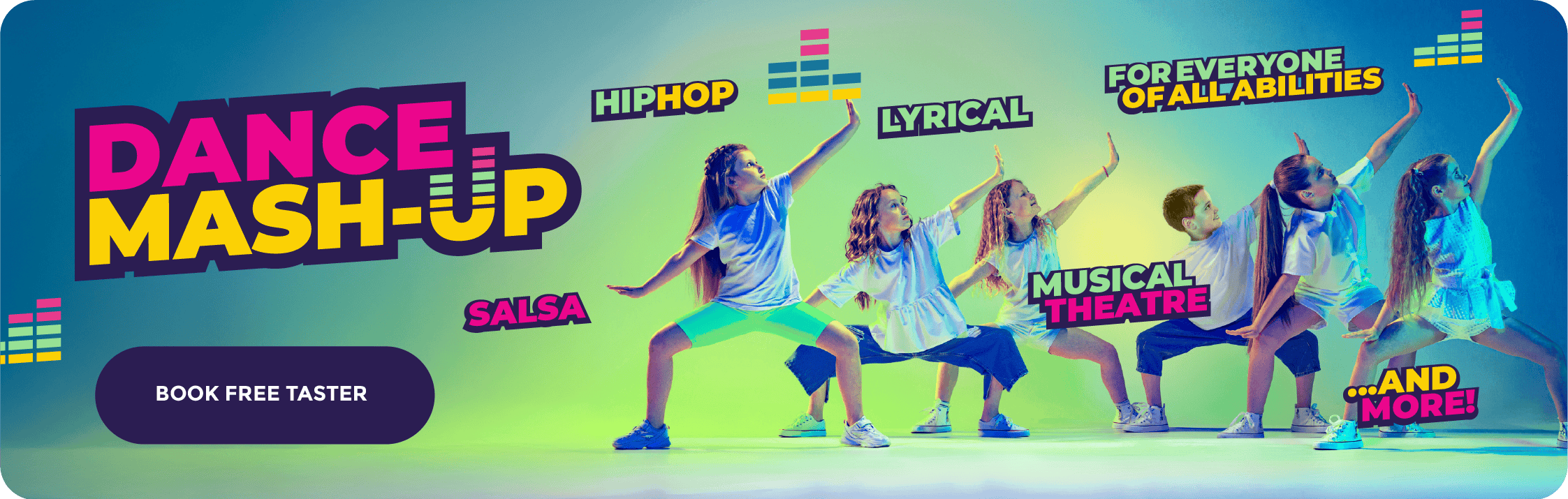 Dance mash-up promotional poster featuring children performing dance moves with colourful text highlighting hip hop, lyrical, salsa, musical theatre, and abilities for an inclusive dance event.
