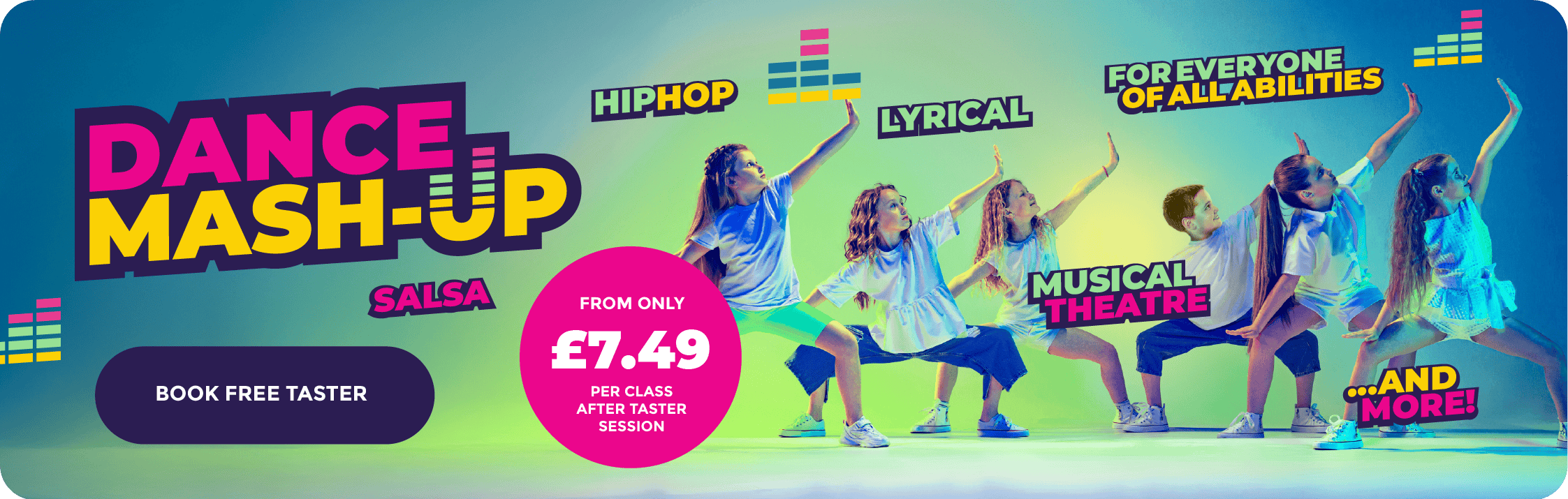 DANCE MASH-UP flyer featuring children performing dance moves with colourful text and graphics promoting dance classes for all abilities.