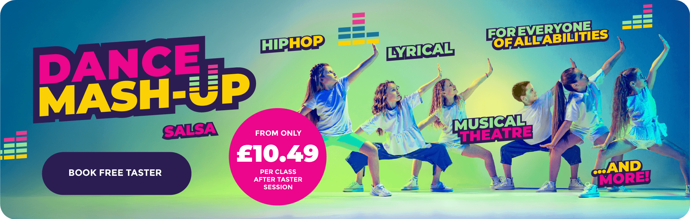 Dance mash-up choreography featuring children performing energetic routines in colourful costumes on stage.