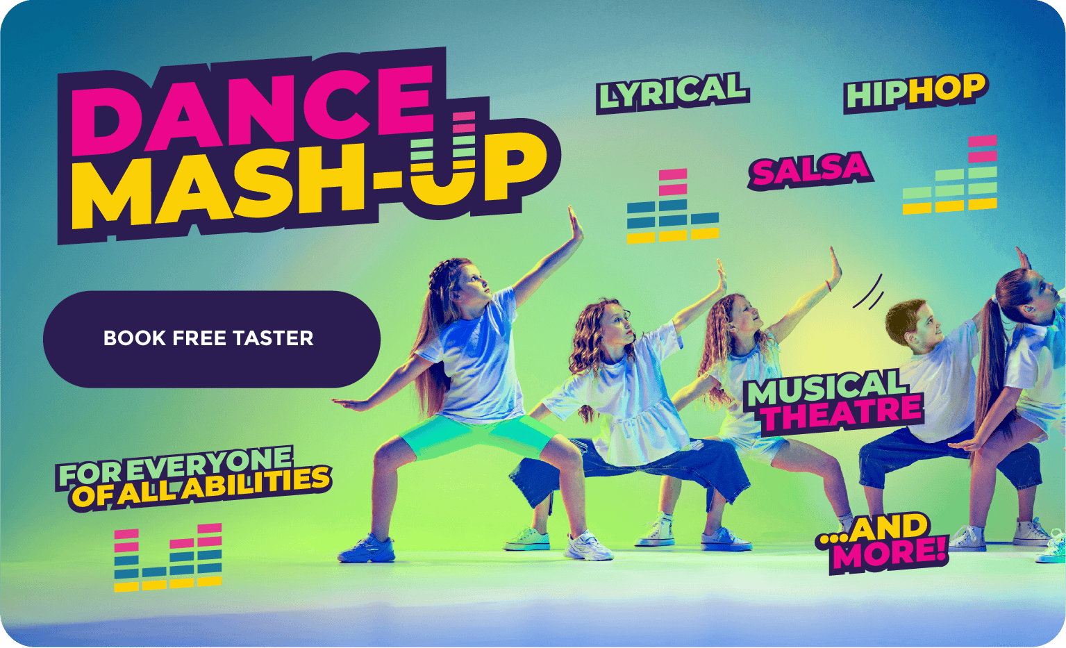 Dance mash-up event poster featuring children in a musical theatre performance with colourful text and graphics.