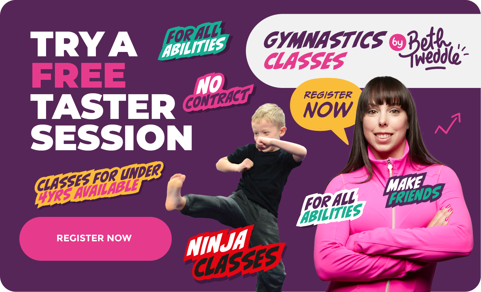 A vibrant promotional banner for gymnastics classes featuring children and an instructor, highlighting free trial sessions, no contract, and classes for all abilities and age groups.