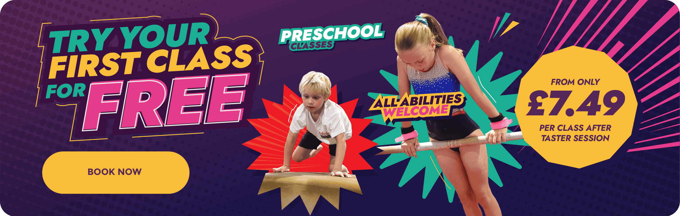 A colourful promotional banner for preschool classes featuring children engaging in activities, highlighting free trial offers and affordable pricing from £7.49.