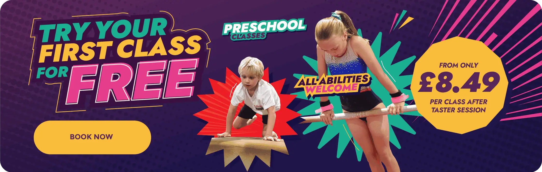 A colourful promotional banner for preschool classes highlighting free trial offers and affordable pricing from £8.49 per session.