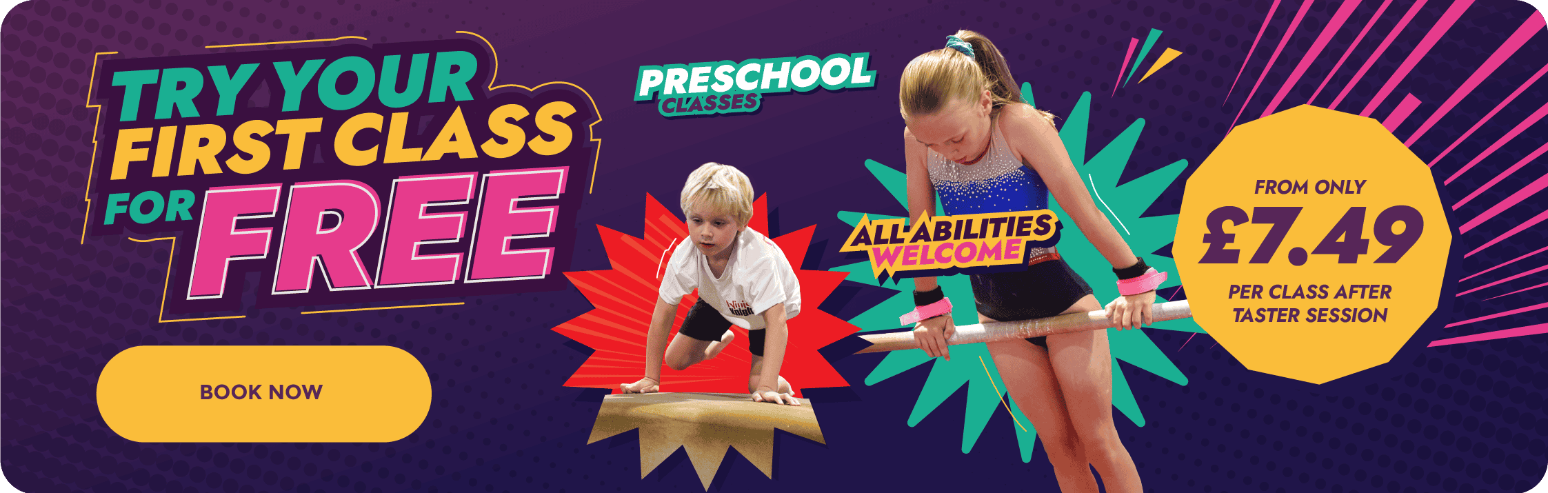 A colourful promotional banner for preschool classes featuring children engaging in activities, highlighting free first-class offer and affordable pricing from £7.49 per session.
