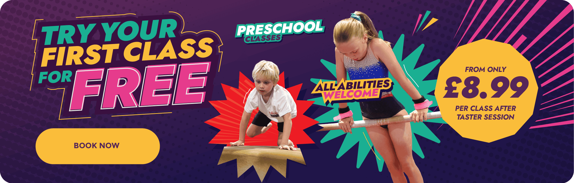 A colourful promotional banner for preschool classes featuring children engaging in activities, highlighting free trial offers and affordable pricing from £8.99 per session.