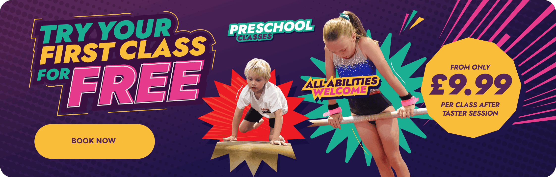 A colourful promotional banner for a preschool class offering free first-class trial sessions for children aged 3-5 years.