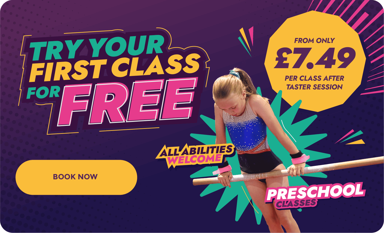 Enjoy your first class for free with affordable preschool classes starting at only £7.49 per session. All abilities welcome; book now to secure your spot in engaging early childhood education.