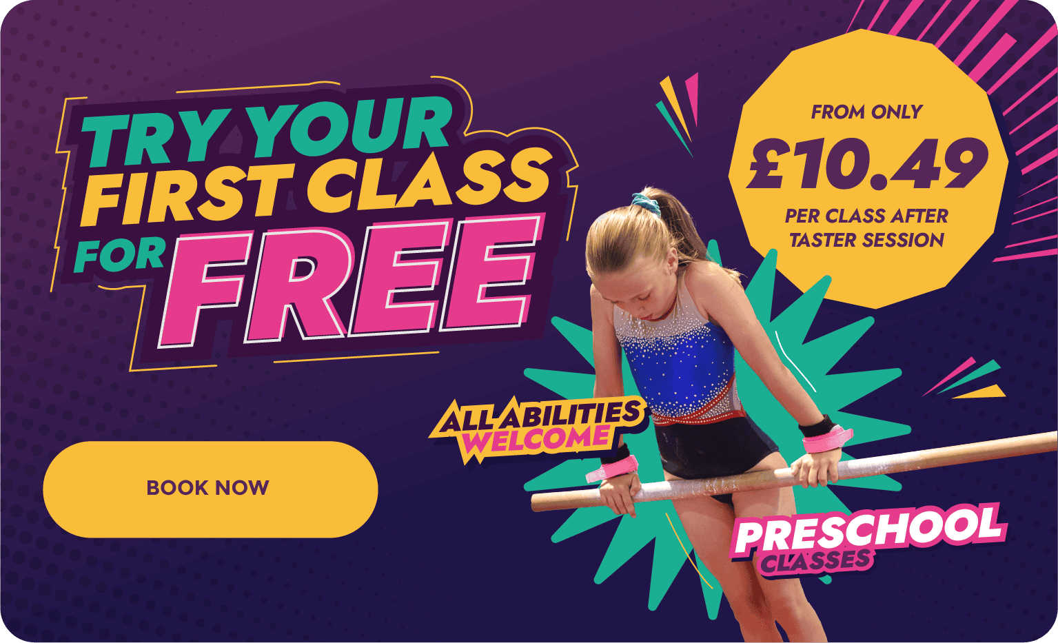 Try your first class for free with affordable preschool classes starting from only £10.49 per session after taster. All abilities welcome; book now to secure your spot in a fun, engaging environment f.