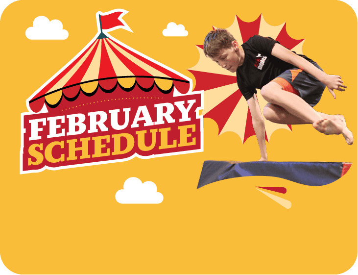 A colourful digital illustration featuring a young boy jumping on a trampoline with a vibrant circus tent and "February Schedule" text in bold red and yellow letters on a bright yellow background.