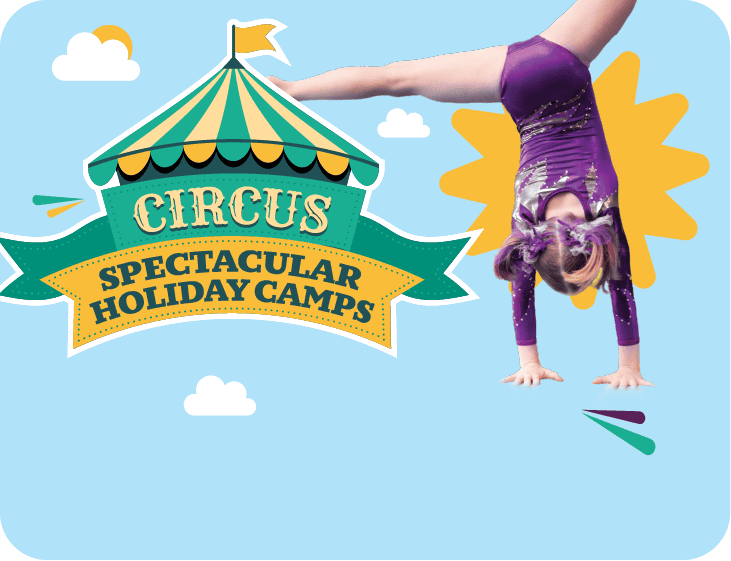 A vibrant image promoting a circus with a young girl performing a handstand in a purple leotard against a bright blue sky background.