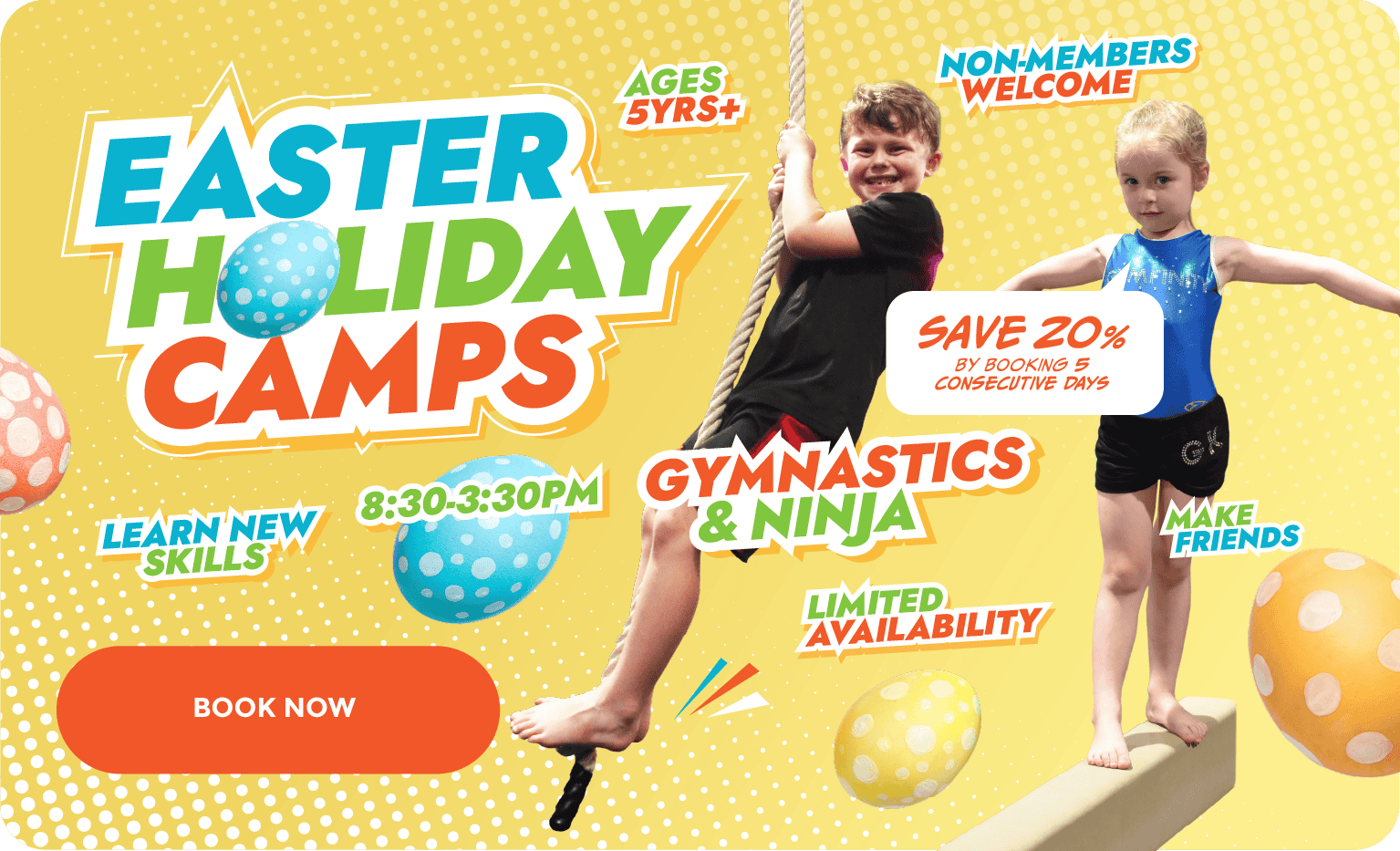 Easter Holiday Camps for children aged 5+ featuring gymnastics and ninja activities, with special offers for non-members and limited availability. Fun, active, and skill-building summer programs.