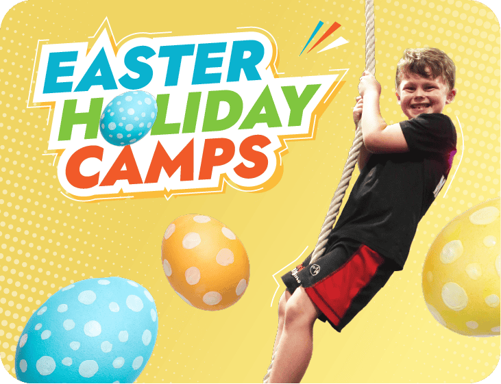 EASTER HOLIDAY CAMPS logo with a smiling boy swinging on a rope surrounded by decorated Easter eggs on a yellow background.