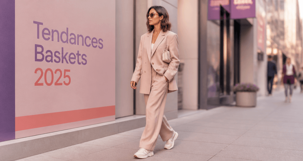 Basket blanche femme tendance 2025 sur trottoir urbain