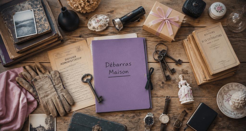 debarras maison objets sur table vue flat-lay